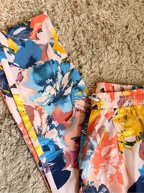 bebe Floral Print Coral Blue Yellow Wide-Leg Pants